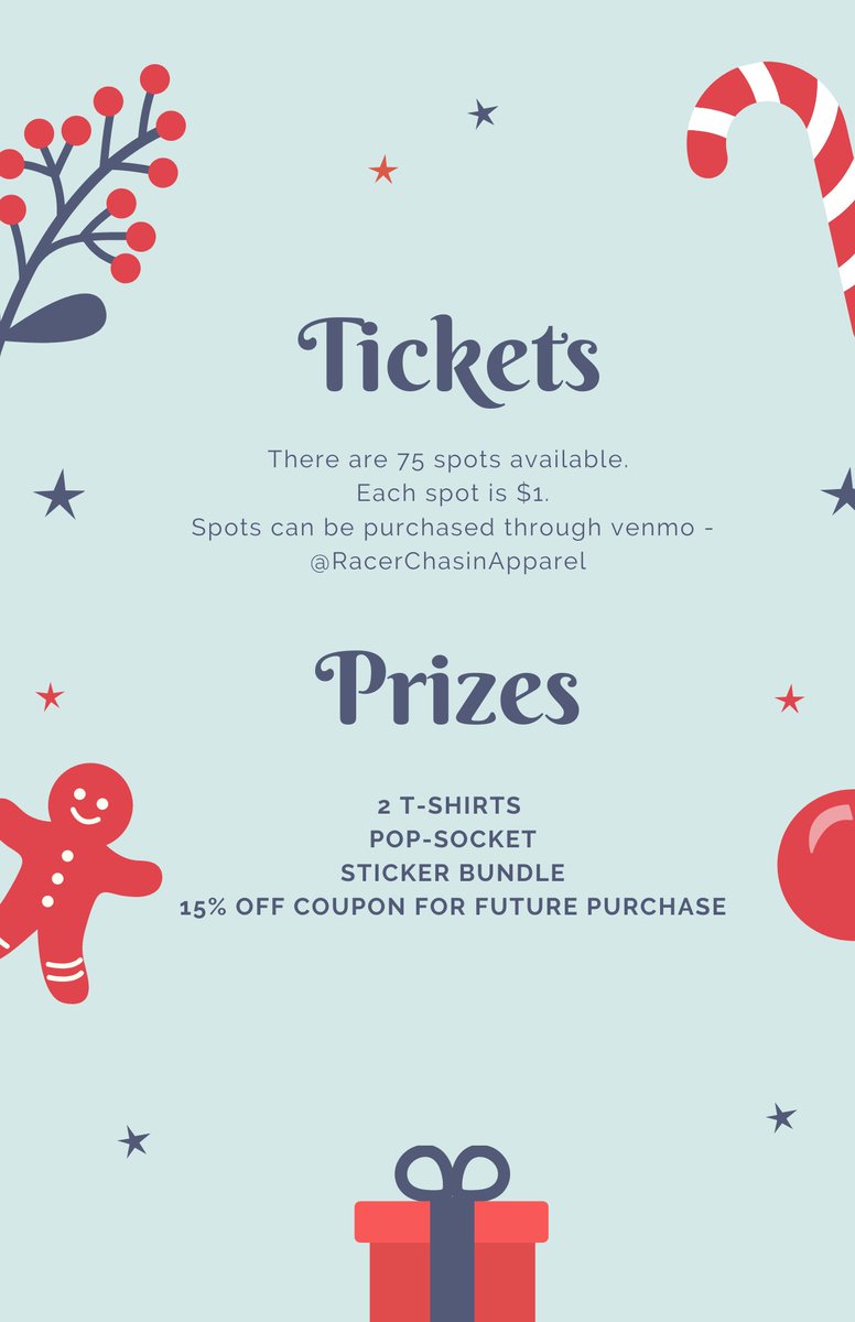 RacerChasinApp's tweet photo. It's ✨Raffle✨ time!
We will draw our winner on 12/25.
Prize includes: 2 t-shirts, a pop-socket, a sticker bundle, and a 15% off coupon towards a future purchase! 

Spots are $1. Pay through venmo - @RacerChasinApparel https://t.co/HieNBgv3xk