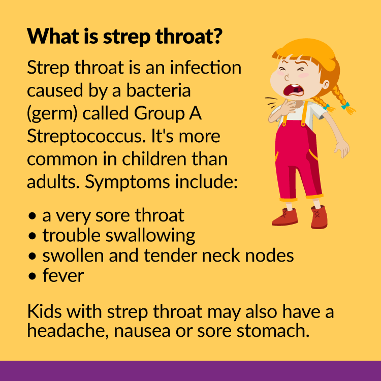 CHEO's tweet photo. Do you think your child or youth may have #StrepThroat? Learn about common symptoms, what to do &amp; how you can care for them while at home ⤵️ https://t.co/hSYaHUuJZ6