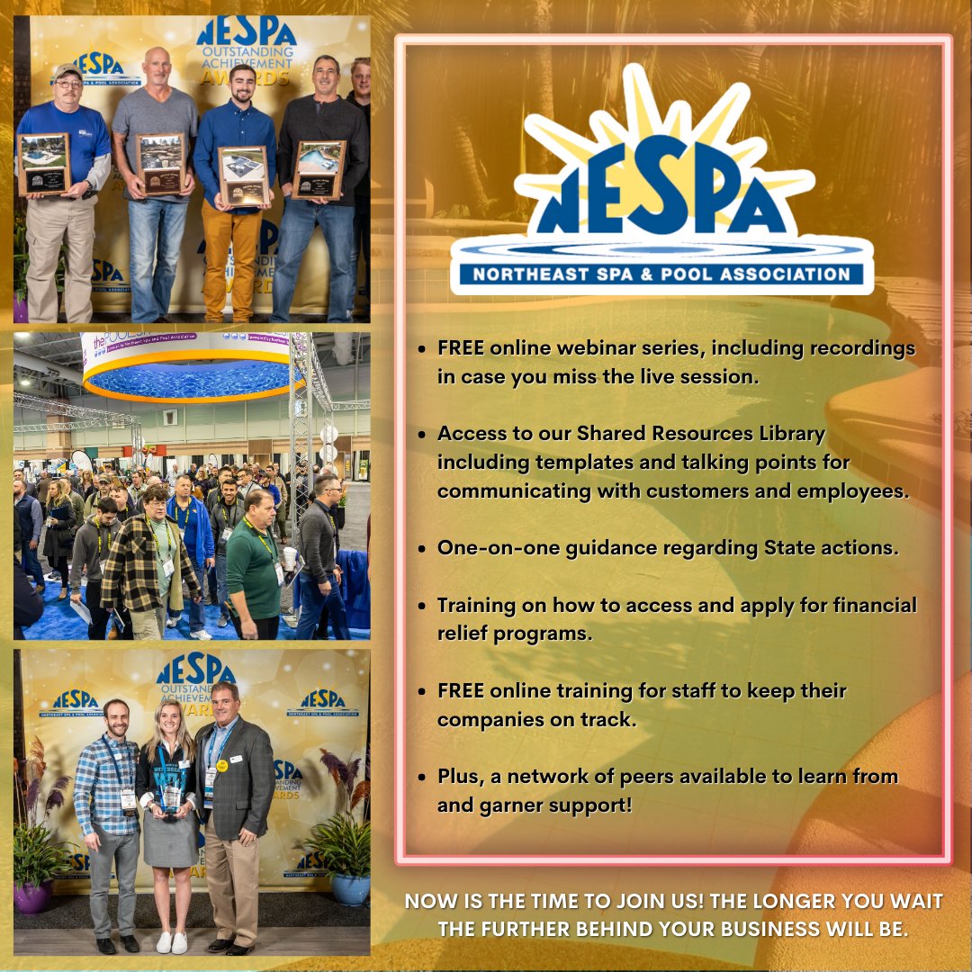 Take advantage of these member programs and get a step ahead of your competition!
Join NESPA TODAY!

#thepoolandspashow2023 #NESPA #Tradeshow