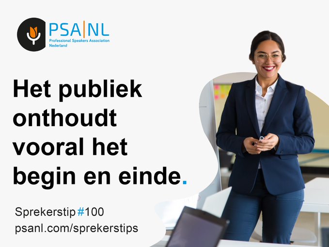 Je presentatie lijkt op een smiley: je publiek onthoudt vooral het begin en het eind. Dus daar moet je knallen. 
#sprekerstip #presentatie #psanederland