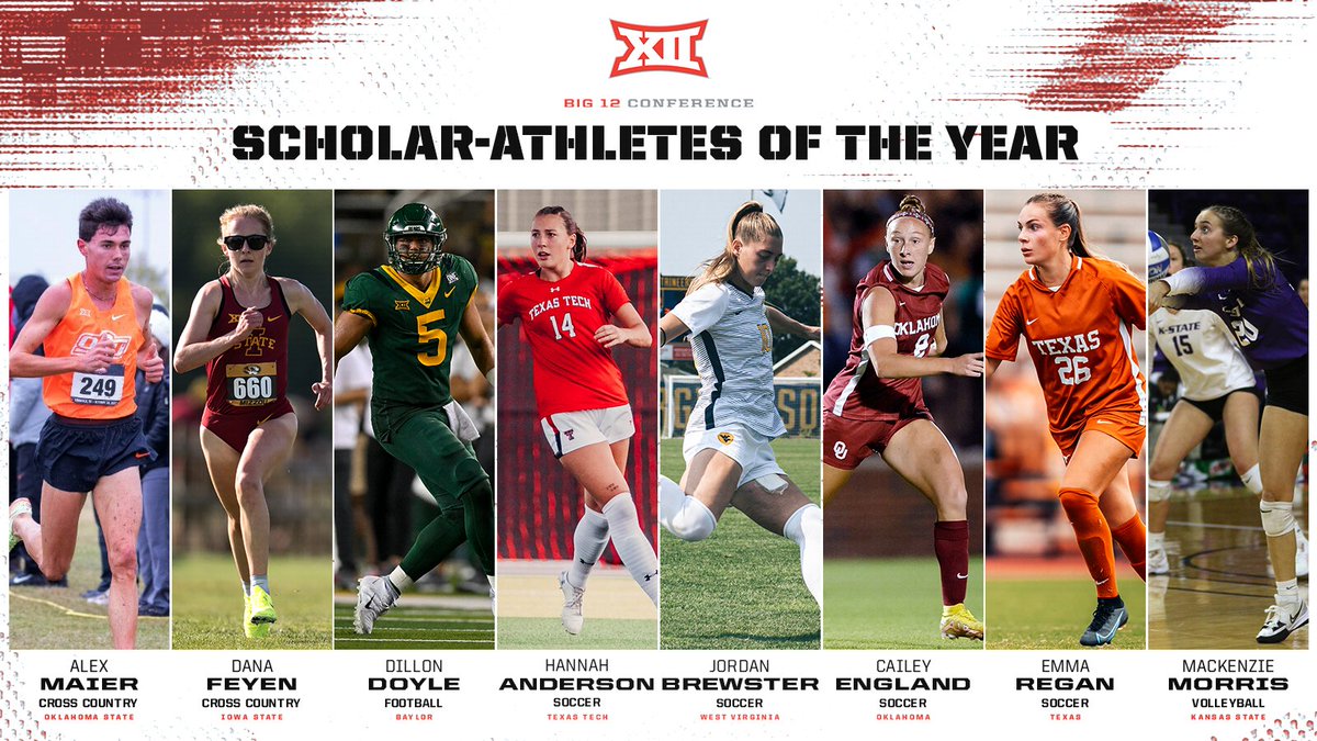 2022 Fall Big 12 Scholar-Athletes of the Year 📚

Alex Maier, Oklahoma State
Dana Feyen, Iowa State
Dillon Doyle, Baylor
Hannah Anderson, Texas Tech
Jordan Brewster, West Virginia
Cailey England, Oklahoma
Emma Regan, Texas
Mackenzie Morris, K-State

📰 big12.us/3GcZIB6