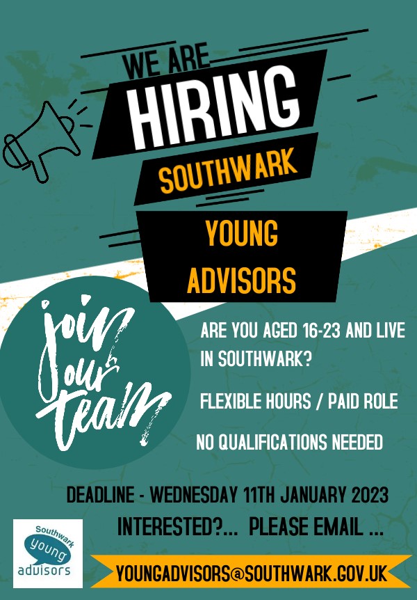 SouthwarkYA's 💙 (@southwarkyas) on Twitter photo Are you age 16-23, live in #Southwark and want to make a difference in your community? We are hiring! Deadline for applications 11/01/2023 - Please email youngadvisors@southwark.gov.uk for details. Thank you #YoungAdvisors #EmpoweringYoungPeopleChangingCommunities Are you age 16-23, live in #Southwark and want to make a difference in your community? We are hiring! Deadline for applications 11/01/2023 - Please email youngadvisors@southwark.gov.uk for details. Thank you #YoungAdvisors #EmpoweringYoungPeopleChangingCommunities