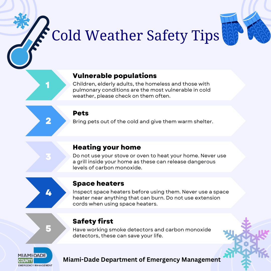 .@NWSMiami has forecast temperatures at or below 50 degrees Fahrenheit in #OurCounty beginning Friday evening through the holiday weekend. Bundle up and keep yourself & your loved ones warm during the cold front by following the safety precautions listed below 👇