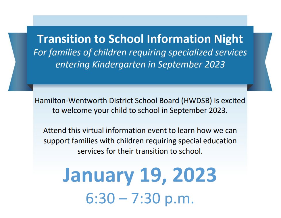 HWDSB invites incoming kindergarten families to our Transition to School Information Night!

Attend the virtual session to learn how we support families with children requiring special education services.

Link to join: hwdsb.info/Transition2023
More info: hwdsb.on.ca/blog/transitio…