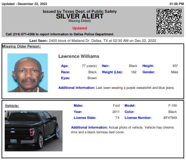 TX_Alerts's tweet image. ACTIVE SILVER ALERT for Lawrence Williams from Dallas, TX, on 12/22/2022, TX plate BF47949