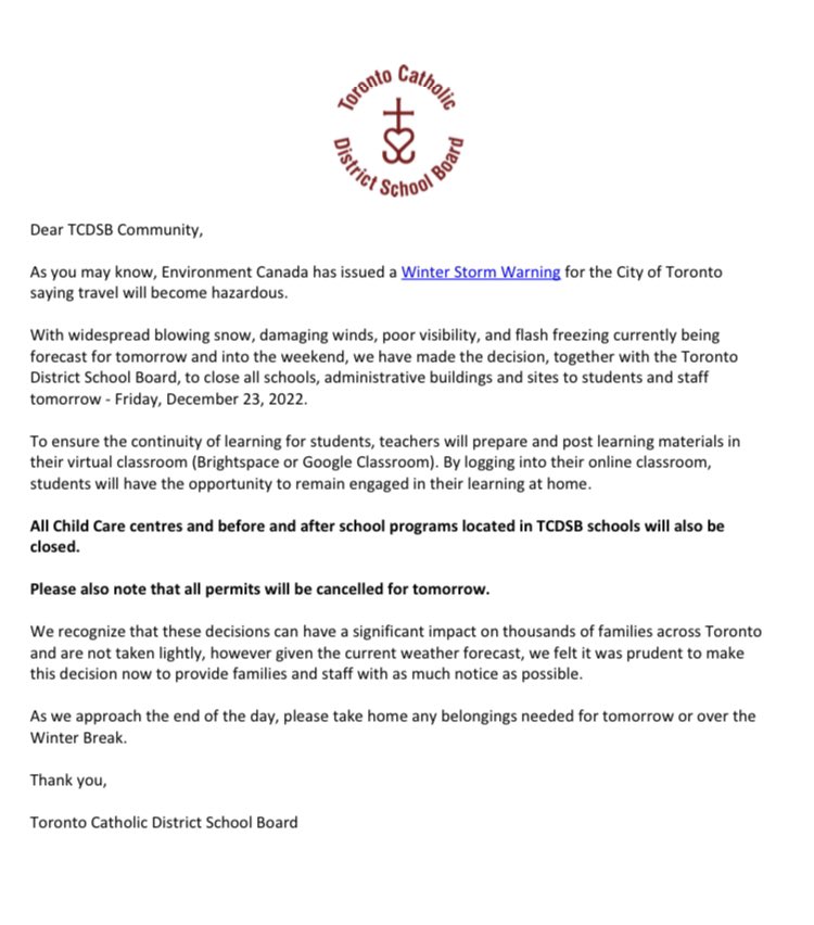 Due to the major winter storm disruption expected for tomorrow, all schools are closed for in-person learning. 

Students have the opportunity to remain engaged in their learning at home.
 
Details: bit.ly/3hIYcxe