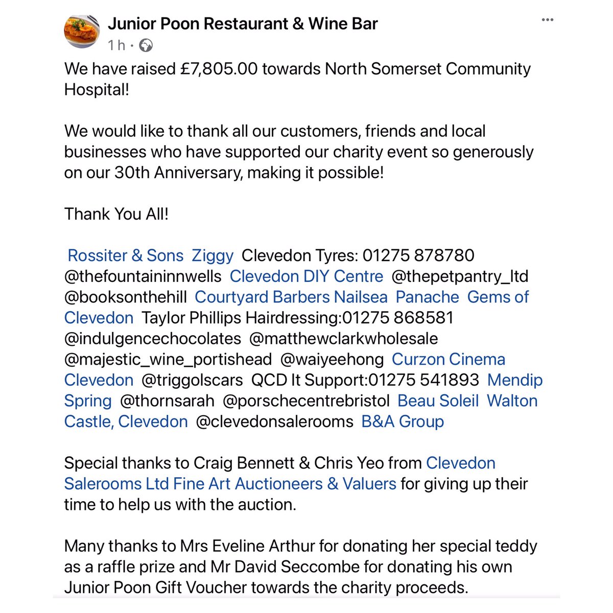 #clevedon #independentclevedon #visitclevedon #hillroadclevedon #clevedonhillroad #portishead #nailsea #westonsupermare #bristol #bristolfood #bristolrestaurant #charity #charityevent #thankyou #grateful