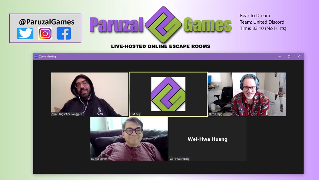 United Discord turned in yet another legendary performance and finished "Bear to Dream" without needing any hints at all!
Great job!

#EscapeRoom #EscapeGame #FamilyFun #TeamWorkFromHome #PlayAtHome #RemoteDateNight #DifferentEntertainment #ParuzalGames