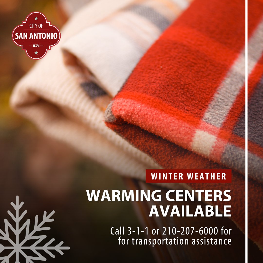 COSAGOV's tweet photo. The City and Bexar County will open seven warming centers today, Thursday, December 22, 2022, at 3 p.m. 

View a map of Winter Warming Centers in San Antonio here: 
https://t.co/p9NF3iV2vV https://t.co/bMgMCA1a2o