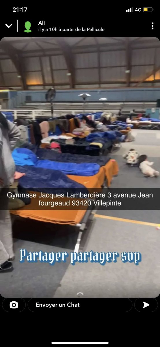 Partagez!! 🚨 

Un endroit où les Sans-abris peuvent dormir au chaud et aussi manger 

Gymnase Lamberdiere, 3 avenue Jean Fourgeaud 93420 Villepinte