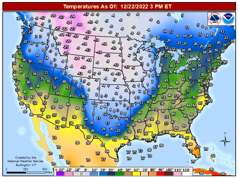 NWS's tweet image. 3PM EST Temperatures and 1PM EST Surface Weather Map. Arctic air is plunging south across the central U.S. behind a sharp cold front📉 weather.gov