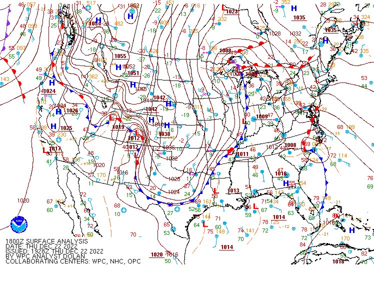 NWS's tweet image. 3PM EST Temperatures and 1PM EST Surface Weather Map. Arctic air is plunging south across the central U.S. behind a sharp cold front📉 weather.gov