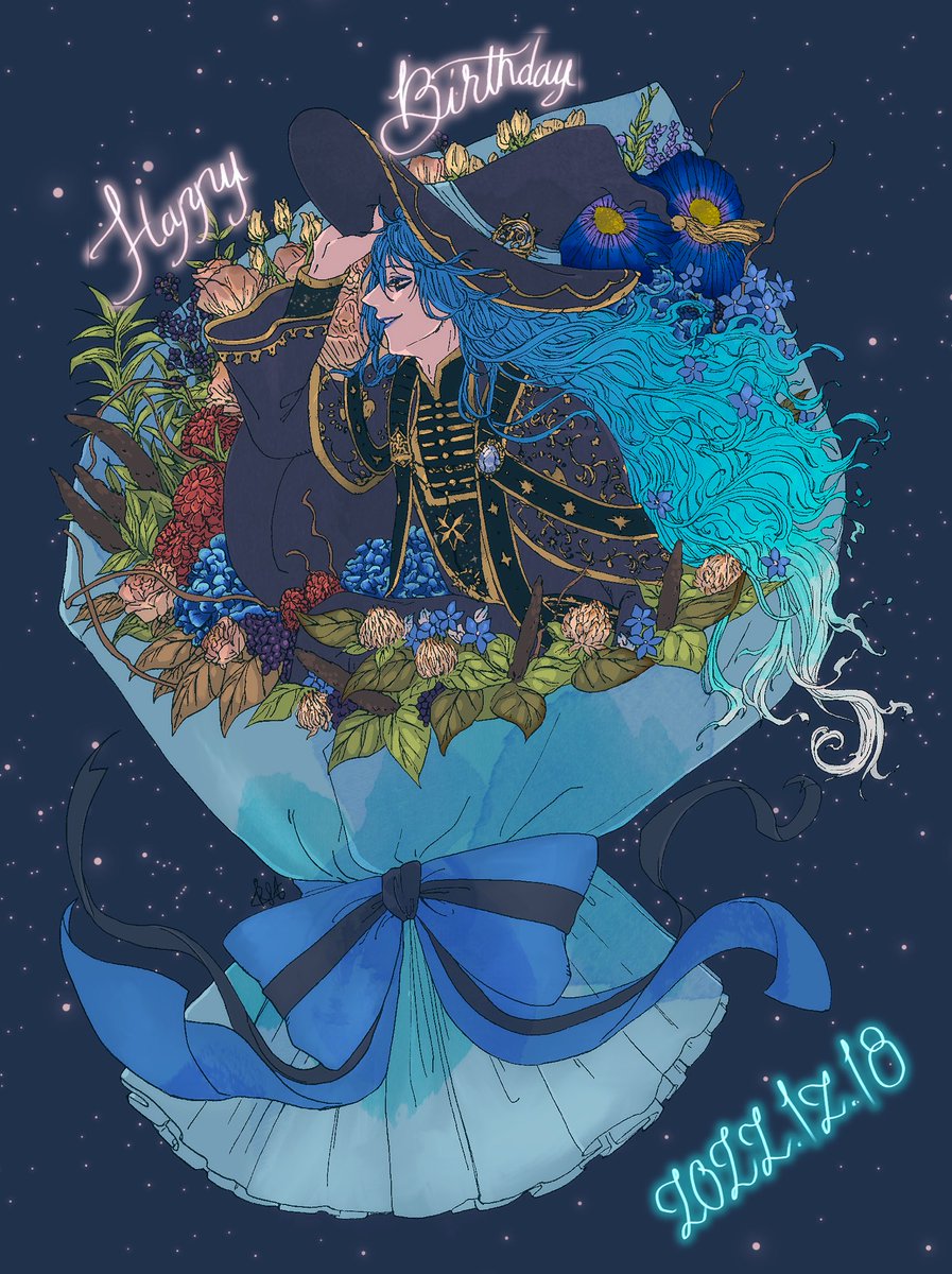 hat blue hair solo witch hat long hair 1girl flower  illustration images