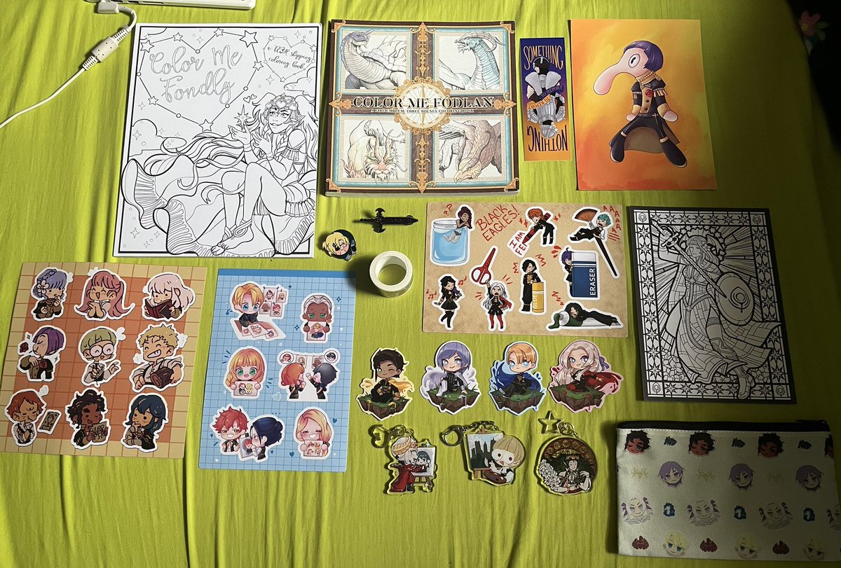 Shout out to the usps workers bustin’ their butts that got me this triple trouble package EARLY!

My <a href="/FlaynZine/">Slumbering Princess || Donation Made</a>, <a href="/fe3h_laminezine/">Welcome Home 🍨 Lamine Siblings Zine</a>, and <a href="/FE3HCOLOR/">Color Me Fódlan: A FE3H Coloring Book</a> bundles have all arrived safely! I think I’m gonna work on the Color Me Fondly cover ASAP…

Their leftovers are all currently open!