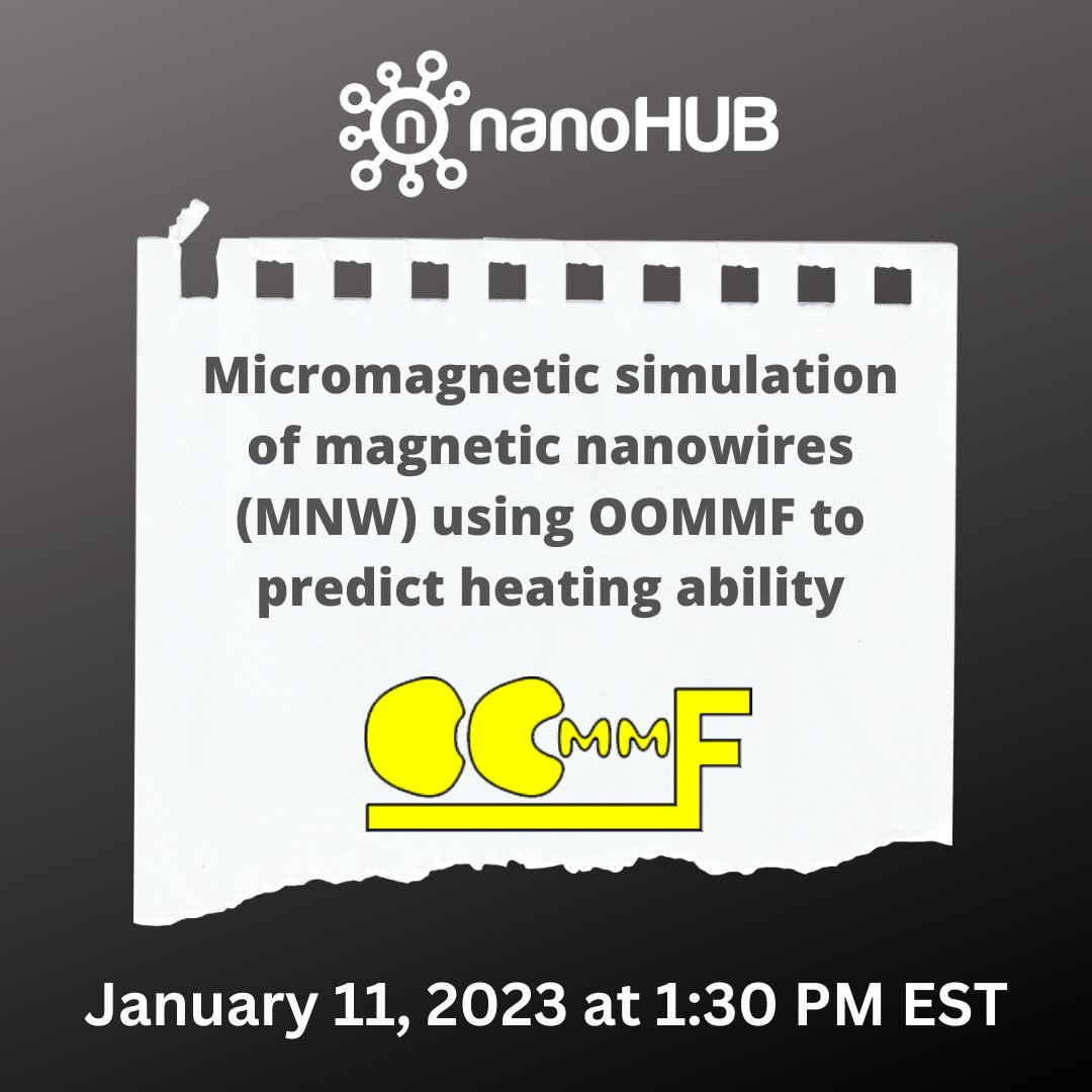 nanoHUBnews's tweet photo. Don’t miss our first webinar of 2023! Yicong Chen of Beth Stadler’s Research Lab will present, “Micromagnetic simulation of magnetic nanowires (MNW) using OOMMF to predict heating ability.”
📅 January 11 at 1:30 PM EST
🔗https://t.co/5FasUWR79y
#OOMMF #NIST #micromagnetics https://t.co/7565oI8yeI
