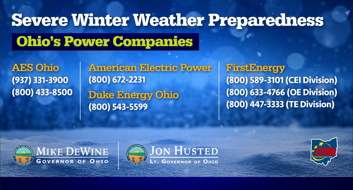 If your household loses power due to the anticipated severe winter weather, call your electric company provider at the phone number listed below. ⬇