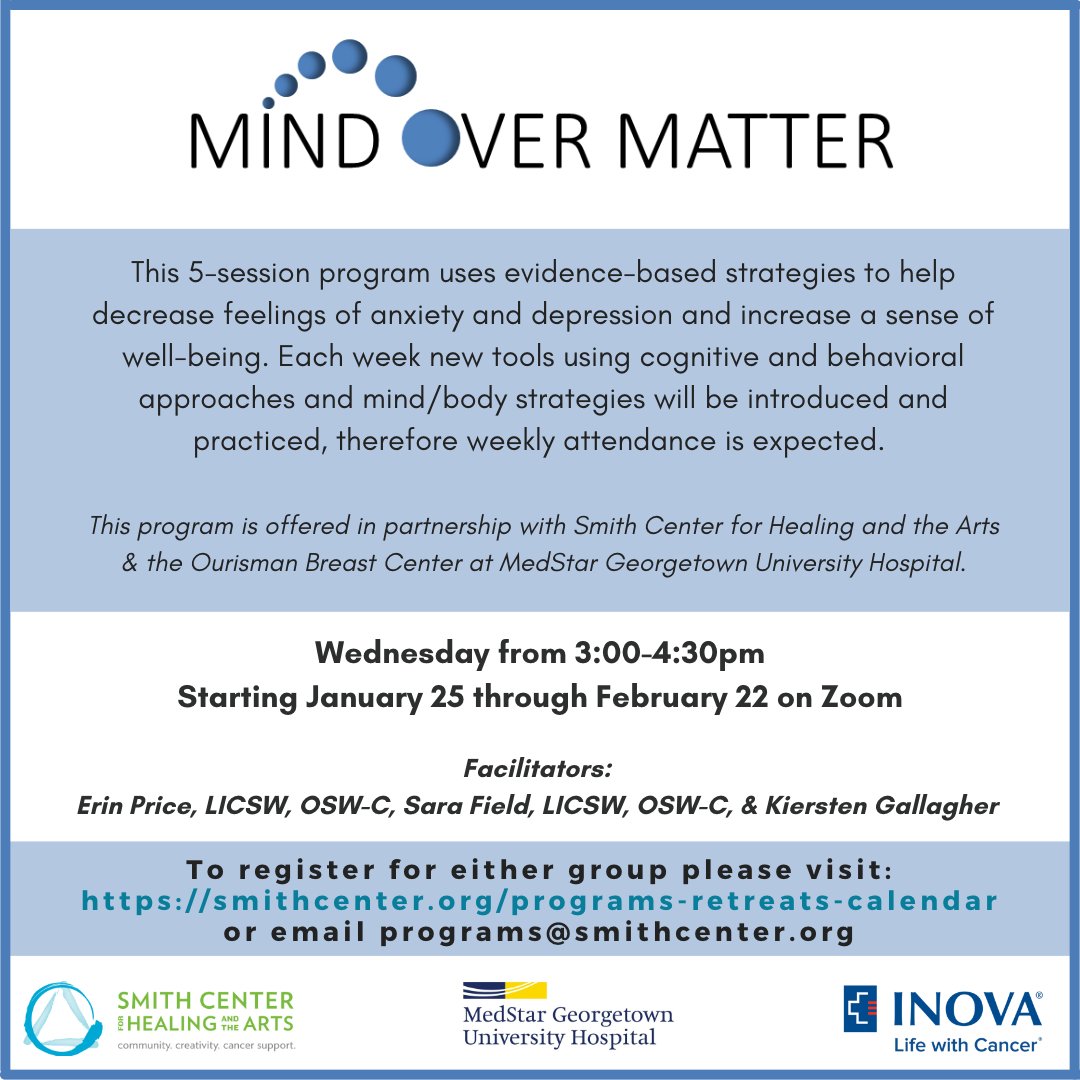 This 5-session program uses evidence-based strategies to help decrease feelings of anxiety and depression and increase a sense of well-being.

Mind Over Matter
Wednesdays starting 1/25 from 3-4:30pm ET via Zoom

smithcenter.org/programs-retre…