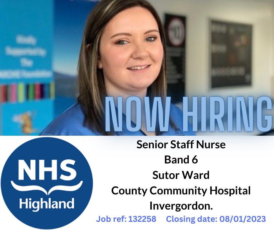 We are looking for a Senior staff nurse to join the Sutor Ward in Invergordon. An excellent opportunity to work within NHS Highland. #NHSHCareers #NHSH #TeamHighland @NHSHighland apply.jobs.scot.nhs.uk/Job/JobDetail?…