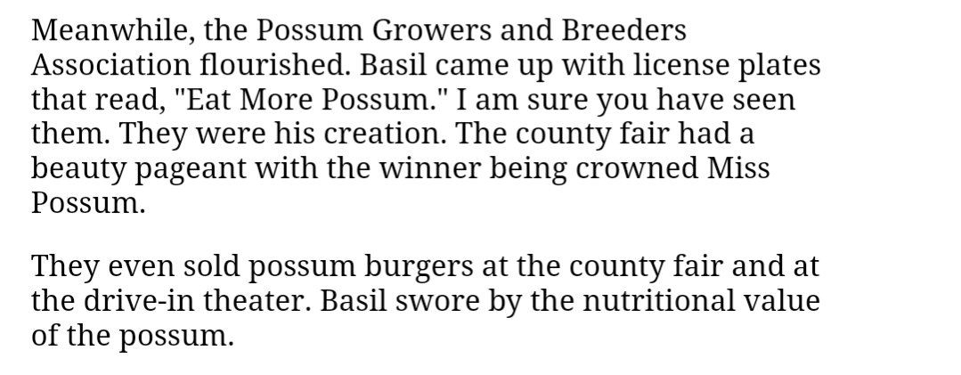 epwlsh's tweet image. Learning about former Clanton AL mayor and "King of the Possums" Basil Clark who founded the Possum Growers and Breeders association (4 former presidents are members), tried to start possum farms in the USSR, and most importantly crowned Miss Possum at the annual county fair.