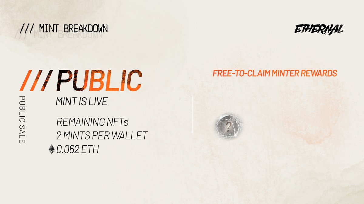 /// PUBLIC MINT IS LIVE ///

We're launching the Public Sale now.

PHASE 03 / OPEN TO PUBLIC

Mint link: mint.ethernalones.com