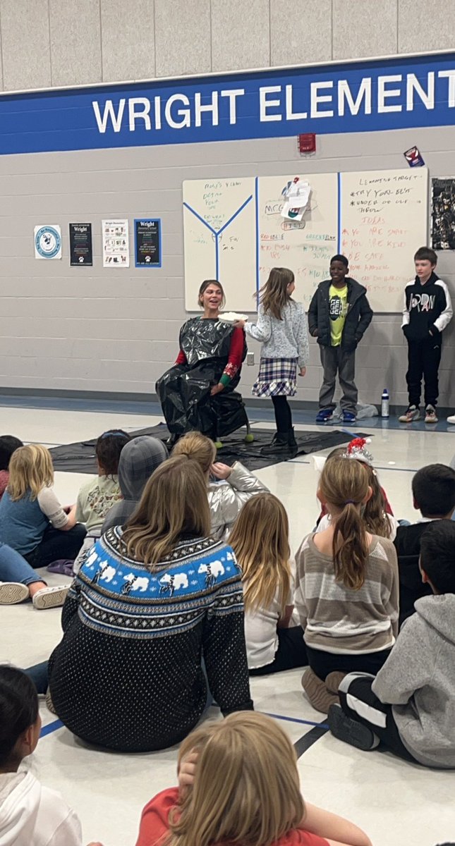 wrightdmps's tweet photo. Annual pie-in-the-face assembly! Meeting our need for fun in up and positive ways while raising a little money for a good cause. https://t.co/YMH5XYNWiR