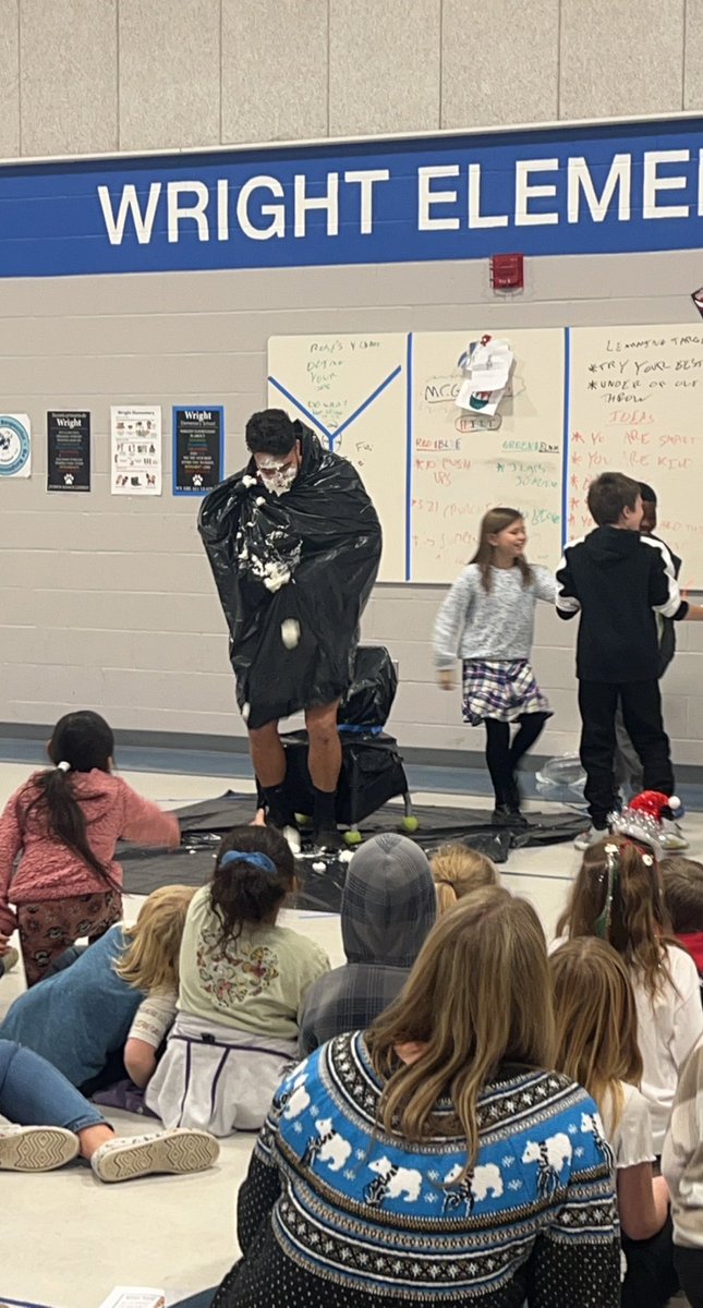 wrightdmps's tweet photo. Annual pie-in-the-face assembly! Meeting our need for fun in up and positive ways while raising a little money for a good cause. https://t.co/YMH5XYNWiR