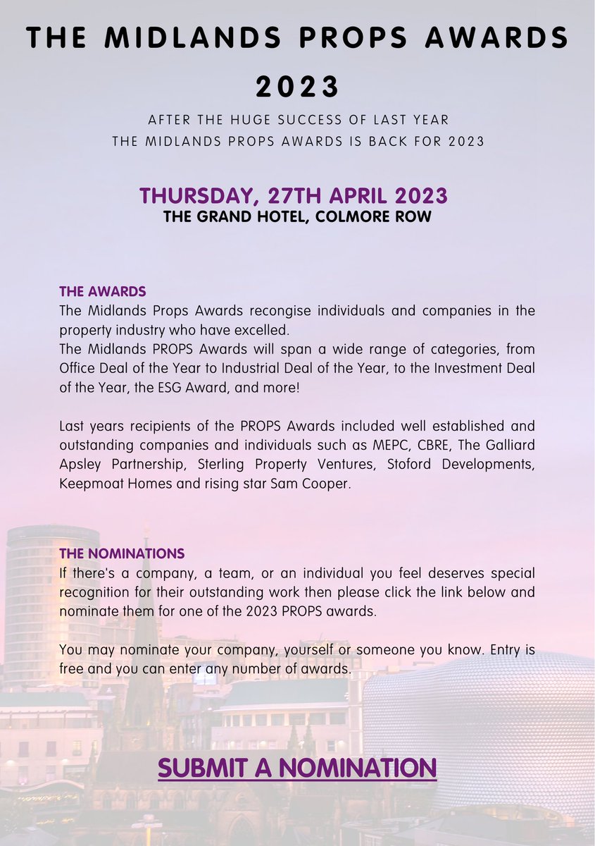 Book your place at Midlands PROPS 2023 to celebrate outstanding achievements in the property sector! Thanks to headline sponsor <a href="/BondWolfe/">Bond Wolfe</a> and sponsors, Rainier Developments, <a href="/EMMAUS_Consult/">EMMAUS Consulting</a> and <a href="/BromwichHardy/">Bromwich Hardy</a> For more information, email lyn.staunton@variety.org.uk.