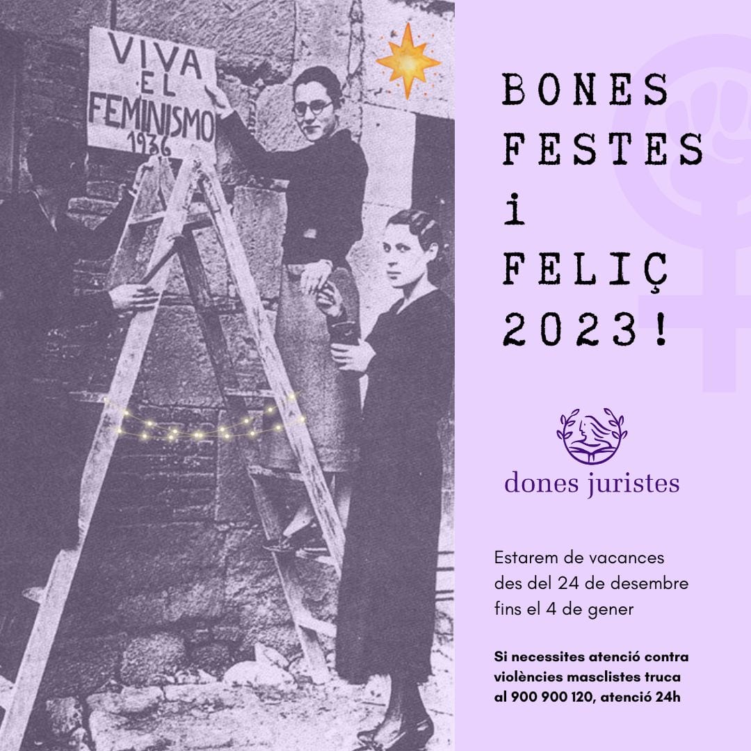 donesjuristes's tweet photo. 👋 Des de Dones Juristes us desitgem unes felices i feministes festes i 2023! ♀️

Compartim aquesta imatge amb Maria Telo Nuñez, destacada jurista que va treballar àmpliament per canviar el codi civil, on les dones teníem molts pocs drets. ⚖️🟣 https://t.co/txagPoGDuk