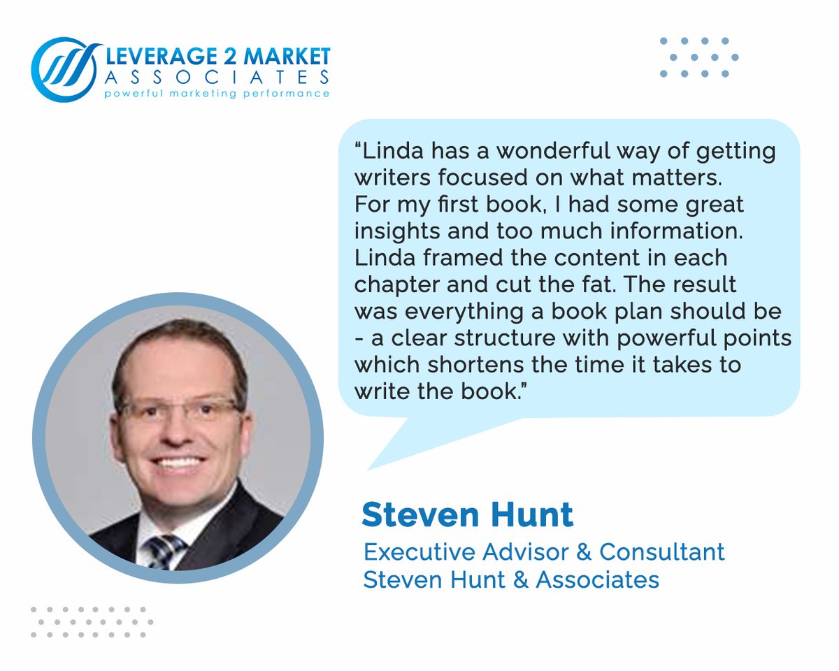 Linda's coaching and focused approach helped Steven develop a clear structure for his new book, which reduced the time he needed to write the book.
#Leverage2Market #GrowthIgniters #strategicmarketing