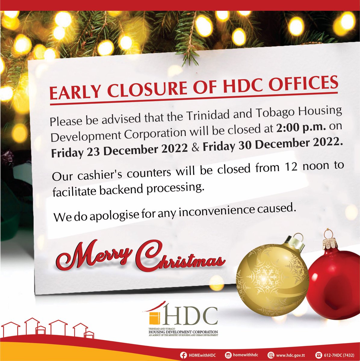 HOMEwithHDC's tweet photo. EARLY CLOSURE OF HDC OFFICES tomorrow December 23rd, 2022

#HDC
#MerryChristmas https://t.co/RWHD2x69Nf