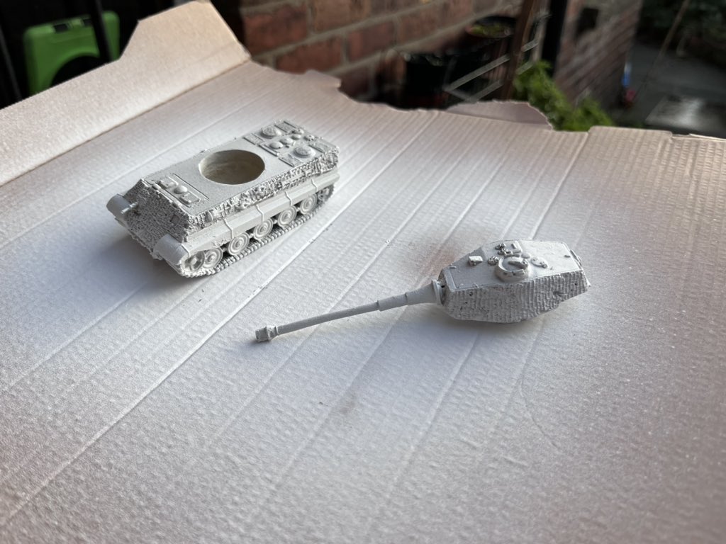aquestingvole's tweet photo. Initial priming done.  I’ve just realised that the exhausts are broken, but I’m not going to lose any sleep over it. This is really a means to test out a paint scheme.  My plans to 3D print a Tiger are still in progress.

#FestiveTigerChallenge #Wargaming #makingmodels https://t.co/xm2j70xhyD