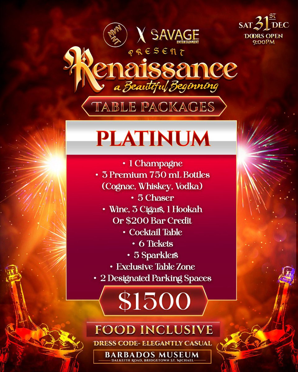 RenaissanceNYE's tweet photo. Table Packages have landed 💥 Click the link in our bio to register today!

Benefits:
* Separate Entry
* Bottle Service all night
* Exclusive Table Zone
* Designated parking spaces with diamond &amp; platinum packages

Secure your package and let's create a beautiful beginning 🌅💃🏼 https://t.co/PFFKgbjUWa