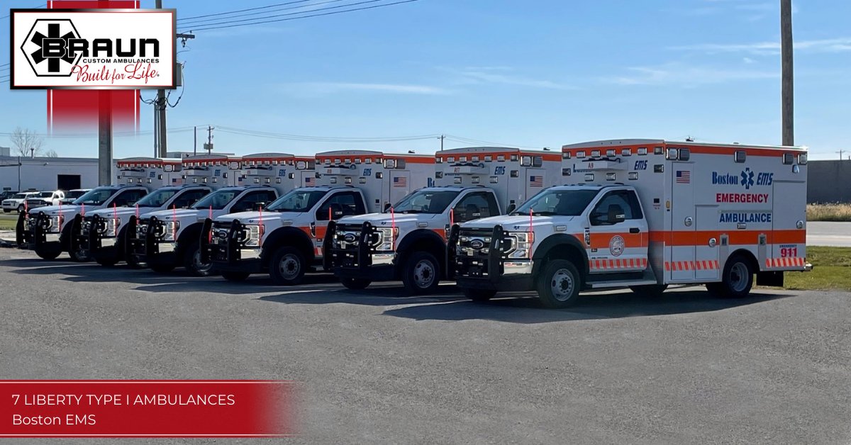 BraunAmbulances's tweet photo. Wow… now that's a lineup! These seven Liberty Type I ambulances are headed to Boston EMS. Special thanks to the organization for their continued support and our local dealer, @bulldogfa. #CustomAmbulance #BraunAmbulances #Ambulance #NewAmbulance #EMS #EmergencyMedicalServices https://t.co/8P713KWykj