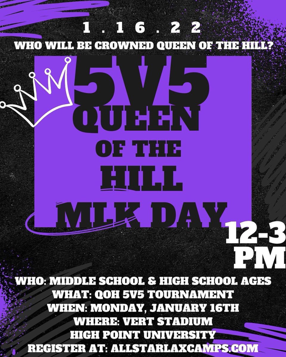 Reagan WLAX players! We are filling a team to participate in the <a href="/hpuwlax/">HPU Women’s Lacrosse</a> Queen of the Hill 5v5 event on 1/16/23 (MLK Day). Check your <a href="/RemindHQ/">Remind</a> for a message from <a href="/keaton_coach/">Coach Steve Keaton</a> with the details and registration link. The event is $50 and runs from 12-3pm. <a href="/RRHSAthletics/">Reagan Athletics</a>
