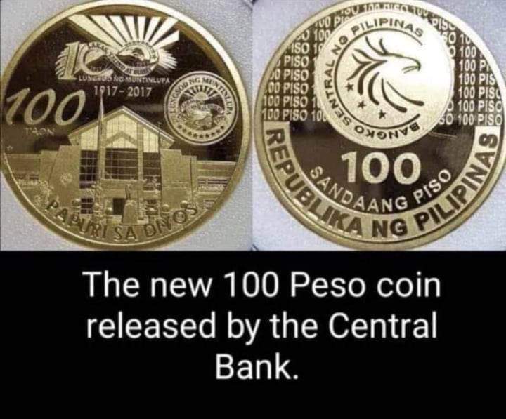 Batchic2's tweet photo. Real thing! 100 peso coin in the Philippines. Newly released by central bank. https://t.co/N08L4Ba45E