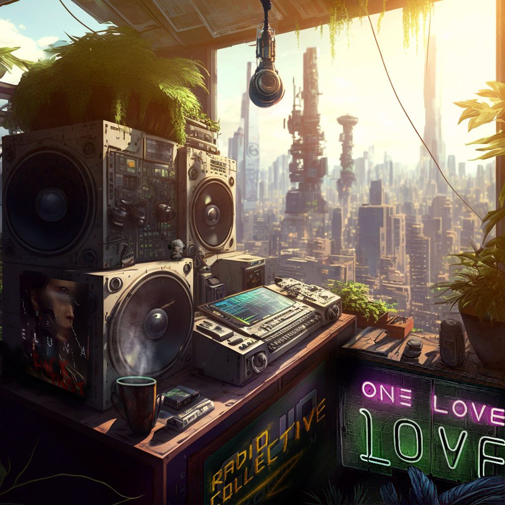 p3trichor_eth's tweet photo. GM GM Eluna City! It’s another beautiful day in this cesspit city we call home. You’re listening to Radio Collective, the only frequency the fuckers at Trust Corp. haven’t been able to get their bloodied hands on. So tune in, turn up and try not to die today. Let’s get it. https://t.co/iUDufN2WgT