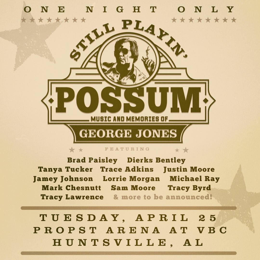 NOW ON SALE: “Still Playing Possum: Music and Memories of George Jones,” to honor the legacy and music of “the greatest country singer of all time”. The special television taping event will take place on Tuesday, April 25, 2023, at the Von Braun Center bit.ly/GeorgeJonesTri…
