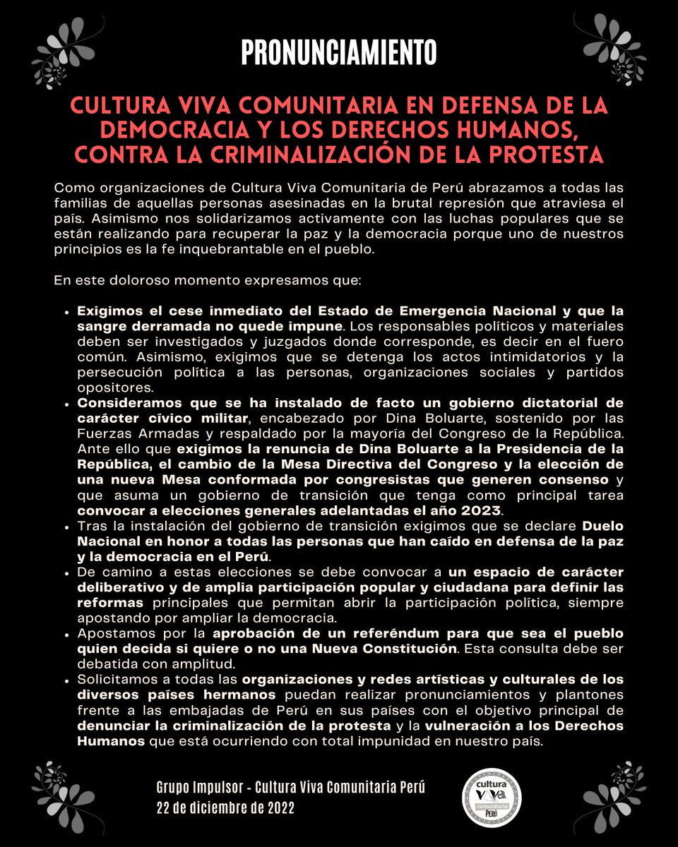 perucvc's tweet photo. CULTURA VIVA COMUNITARIA EM DEFENSA DE LA DEMOCRACIA Y LOS DERECHOS HUMANOS, CONTRA LA CRIMINALIZACIÓN DE LA PROTESTA

✊🏼✊🏽✊🏾

DICIEMBRE 22 DEL 2022 https://t.co/rk2IIaoCP2
