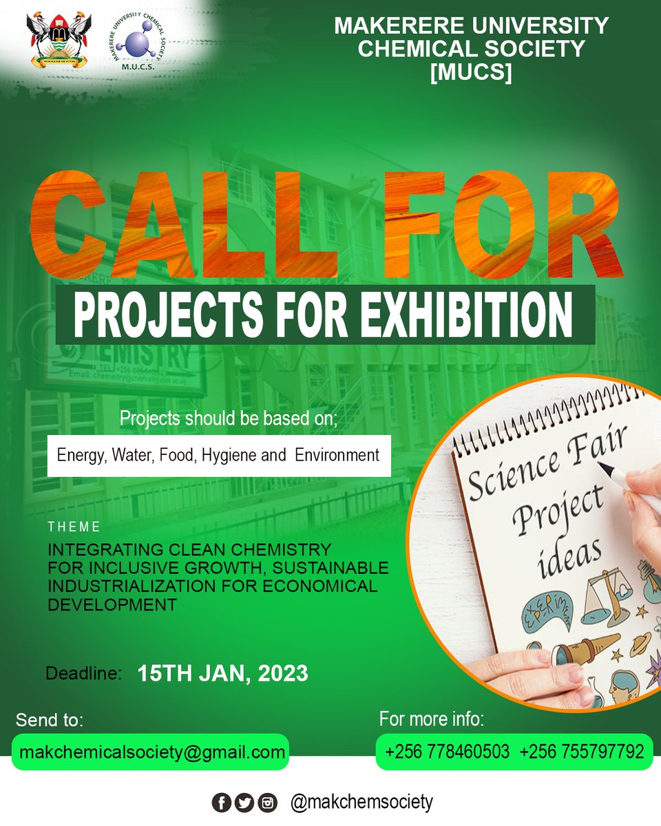 Call for projects. Pen down a project and submit to our email address. (Please attach the project's economics part of it)
Let's all be part of the exhibition to take place in mid April 2023.
For more info: <a href="/HildaNamakika/">Namakika Hilda</a> (research secretary) and <a href="/bauxite_agaba/">Bauxite publicity</a> (chief editor)