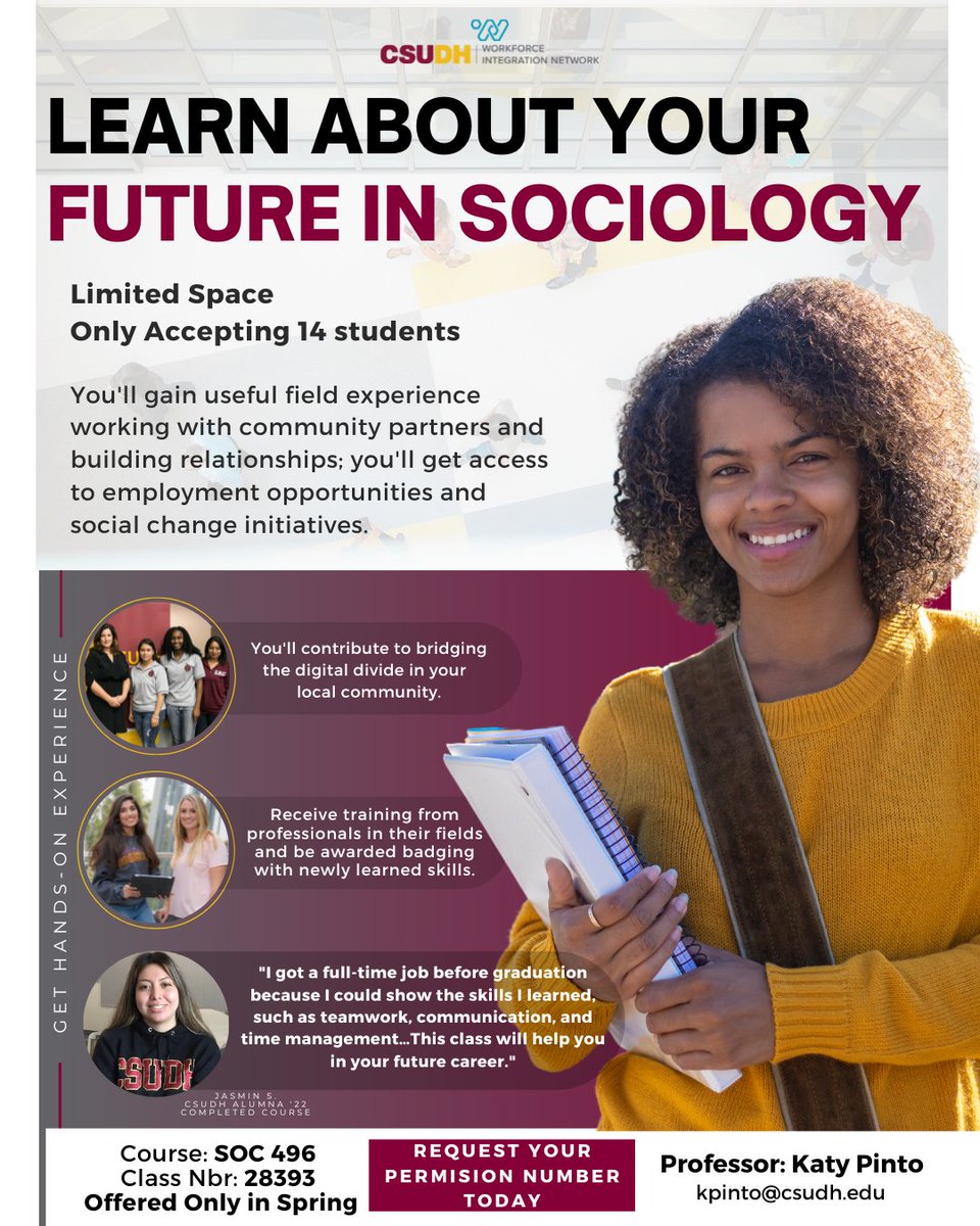 Looking for Sociology majors and students who are interested in getting hands-on experience. This course will prepare you to work with community partners in the summer. 

Permission number is needed to add class, fill out the form if interested.
smpl.is/pf9m