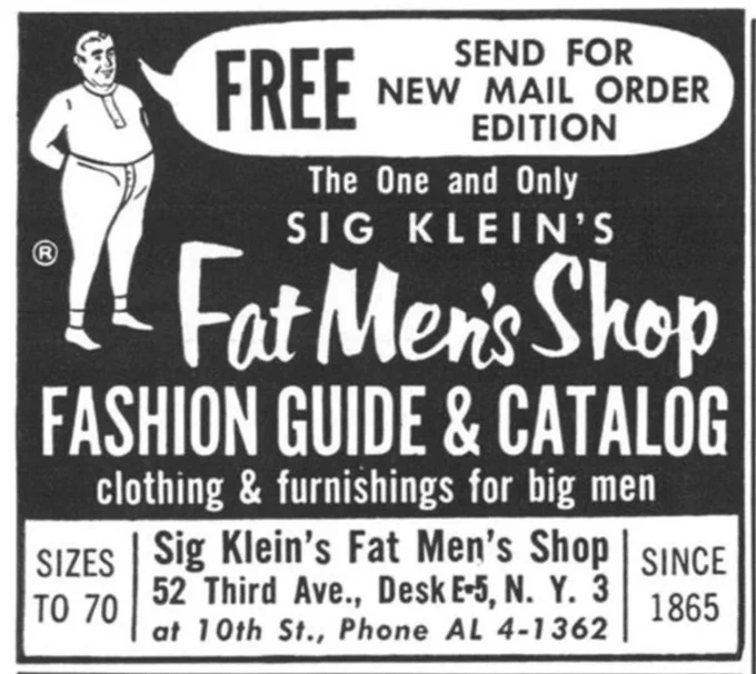 ニューヨークに1865年からあったFat Men's Shop。太ったおっさんキャラかわいい。
レジナルド・マーシュに描かれたの肉っぽさ強すぎ。
1970年代に閉店したみたい。 