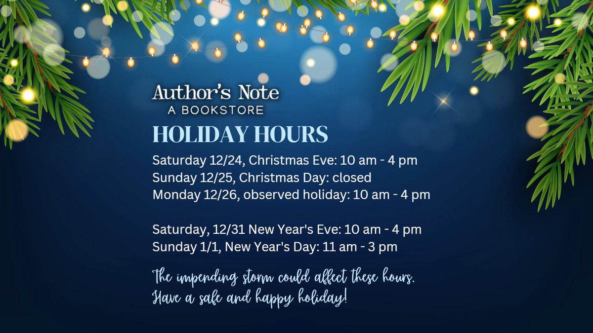 Here are our holiday hours. We're open every day except Christmas day for the next two weeks. However, the impending snowstorm could impact our hours so please keep an eye on our social channels for updates. Happy holidays to one and all!