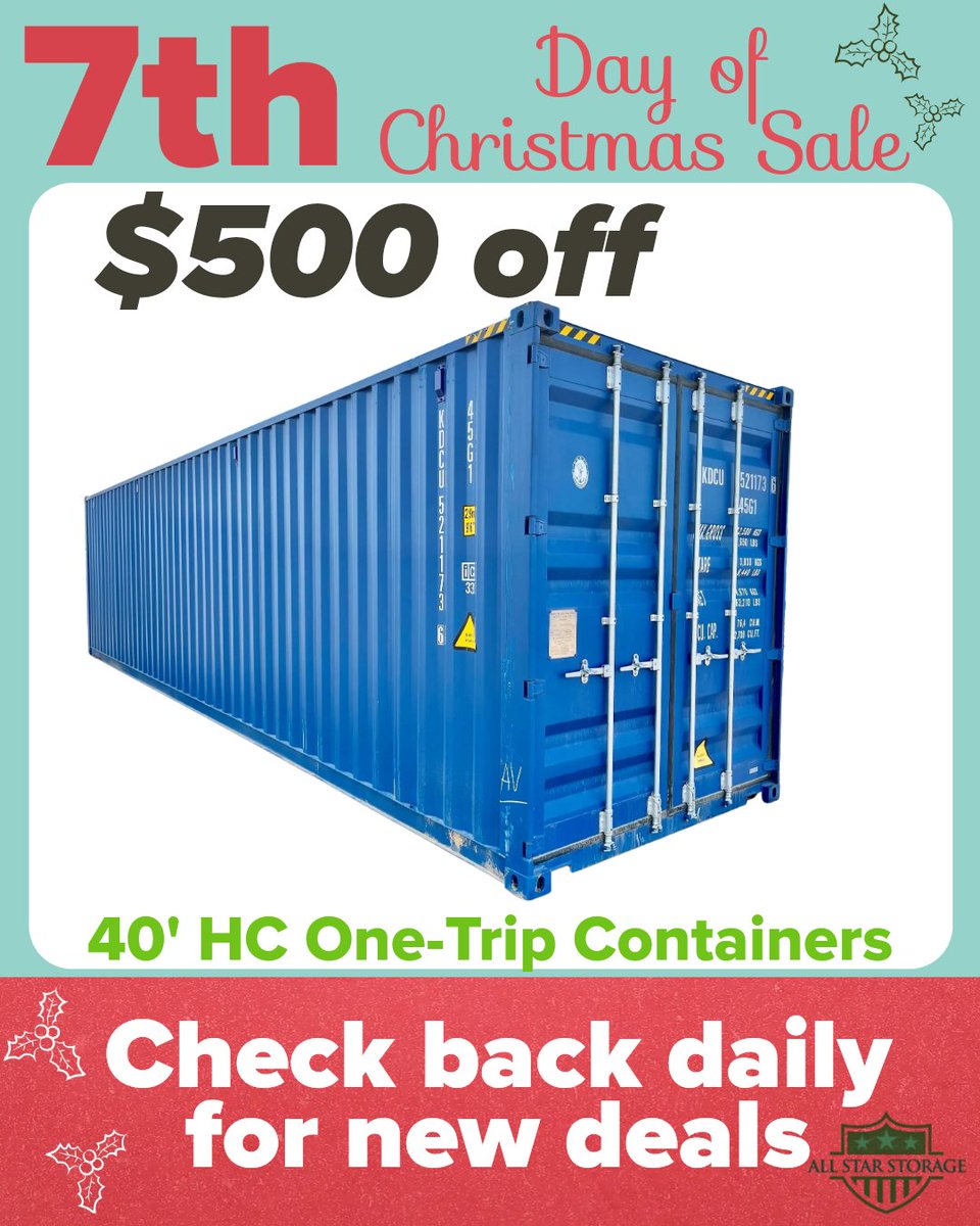 AllStar_Storage's tweet image. On the 7th Day of Christmas All Star gave to me, $500 off a 40&apos; High Cube, One-Trip Container 🎄❄️❤️

#allstarstorage 
#shippingcontainers 
#modifiedcontainer 
#storage 
#12daysofchristmas 
#20ftcontainer 
#onetripcontainer
