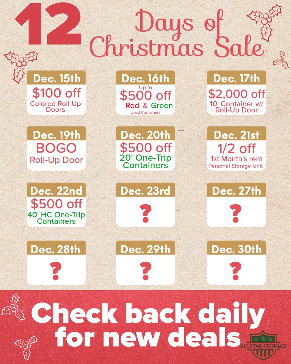 AllStar_Storage's tweet image. On the 7th Day of Christmas All Star gave to me, $500 off a 40&apos; High Cube, One-Trip Container 🎄❄️❤️

#allstarstorage 
#shippingcontainers 
#modifiedcontainer 
#storage 
#12daysofchristmas 
#20ftcontainer 
#onetripcontainer