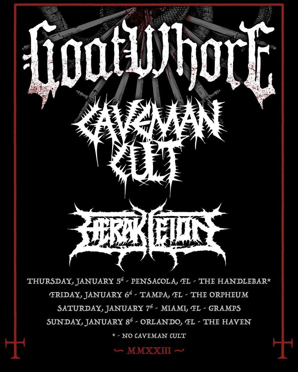 2 WEEKS until these #Florida shows! 
Jan 5 at The Handlebar 
Jan 6 at @TAMPAOrpheum 
Jan 7 at @grampswynwood 
Jan 8 at @HavenOrlando 
#goatwhore #tour #touring