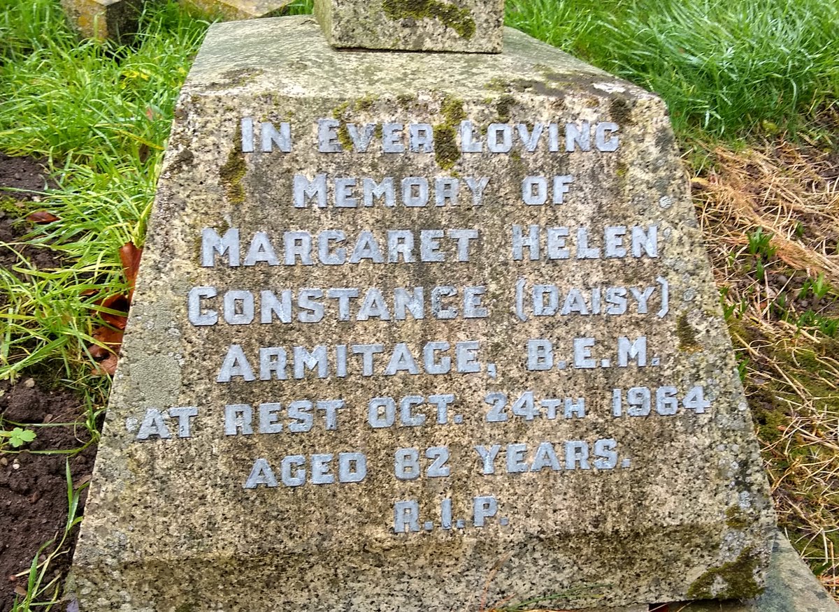 WaltonBob's tweet photo. In the churchyard of St Matthew's, Hutton Buscel, the memorial (near the lychgate) to a lady, Commandant to Ayton Detachment of the British Red Cross Society (Scarborough). She obtained her BEM in the 1957 New Years Honours. White roses have been placed close by, which is nice. https://t.co/mGipTY8a02