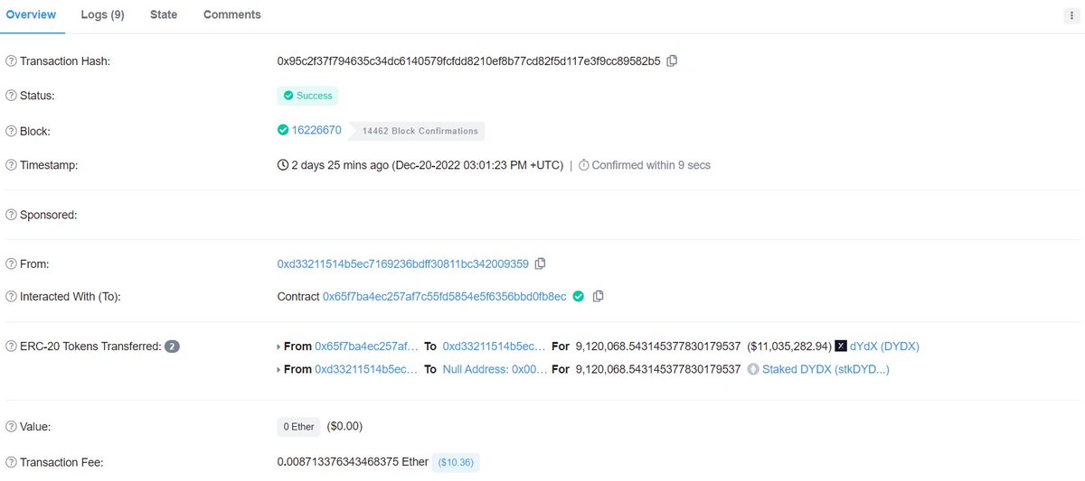 OnchainDataNerd's tweet photo. On Dec 20th, 0xd33 unstaked a record 9,1M $DYDX ($11M) from the safety pool.

I believe this is a wallet of Wintermute Trading.

It then sent all to 0x2a9, followed by 1,3M $DYDX to 0xdbf which is tagged by @nansen_ai as Wintermute.

Are they preparing to sell? https://t.co/iXxAKjMerv