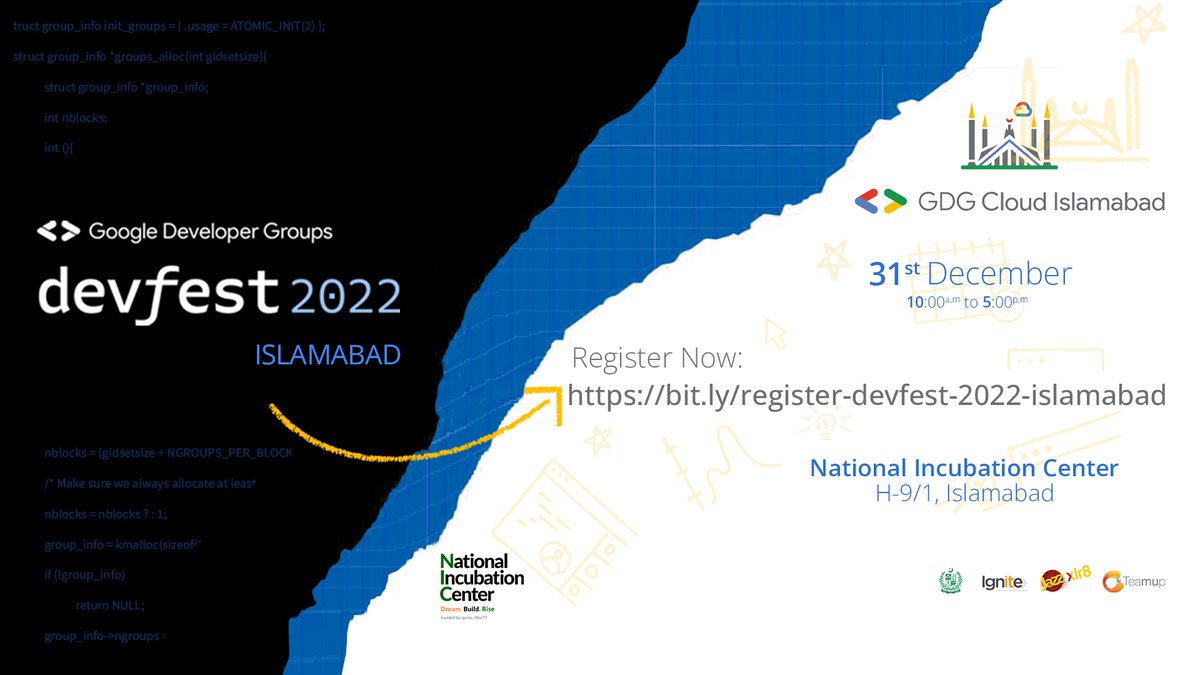 gdgcloudISB's tweet photo. Greetings Everyone !!! We are back with another exciting event. Presenting Google DevFest2022 with GDG Cloud Islamabad.

https://t.co/aW2aD6HxLj

Date: 31 Dec 2022
Venue: National Incubation Center, H-9, Islamabad https://t.co/Aur8m0NW1C