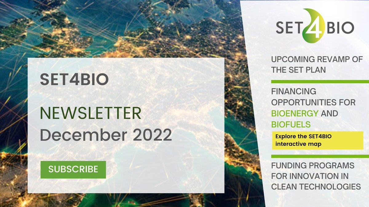The latest @Set4Bio newsletter is out for Christmas!🎄
Let's welcome the upcoming new year with an insight into the #setplan revamping most promising financing opportunities available for #bioenergy and #biofuels
Read the issue👉bit.ly/3PUhQTF
