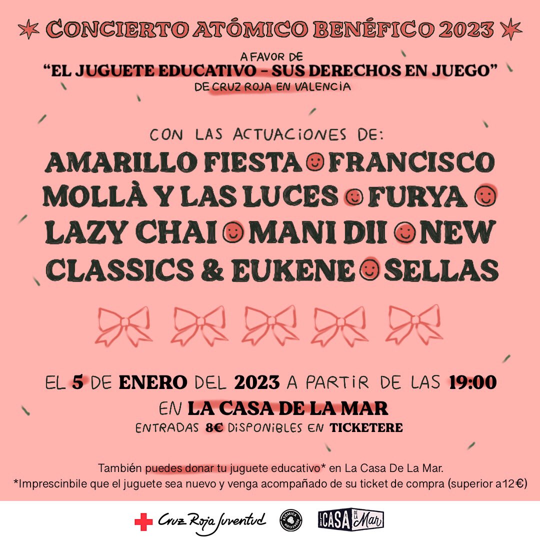Concierto Atómico Benéfico: 5 de enero 2023 🪀

Hazte con tu entrada en Ticketere o dona en La Casa de la Mar un juguete nuevo (superior a 12€) que será donado a Cruz Roja, para las niñas y niños de las familias en situación de vulnerabilidad: ticketere.com/evento/concier…
